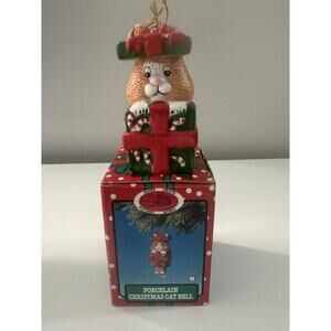 VTG River Grove Porcelain Christmas Cat Bell Ornament Tree